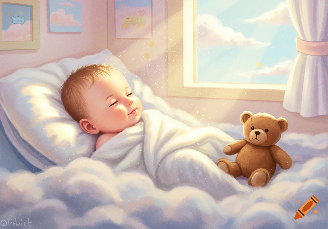 A sleeping baby on cloud-like bedding with a teddy bear, bathed in sunlight from a window, in a dreamy illustration style.