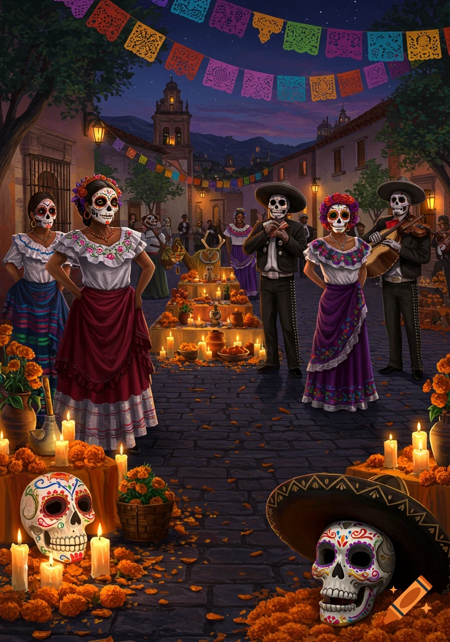 Colorful illustration of a Dia de los Muertos festival at night, with people in calavera makeup, altars, candles, marigolds, and papel picado banners.