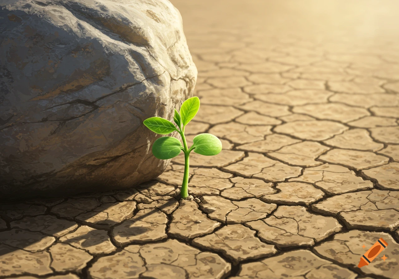 A small green sprout pushes through dry, cracked earth next to a large rock.