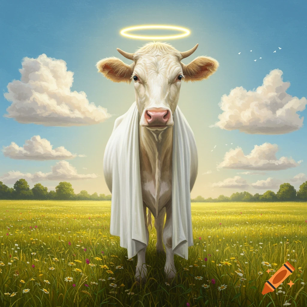 A white cow with a halo and a white cloth draped over its back stands in a sunlit wildflower field under a blue sky.