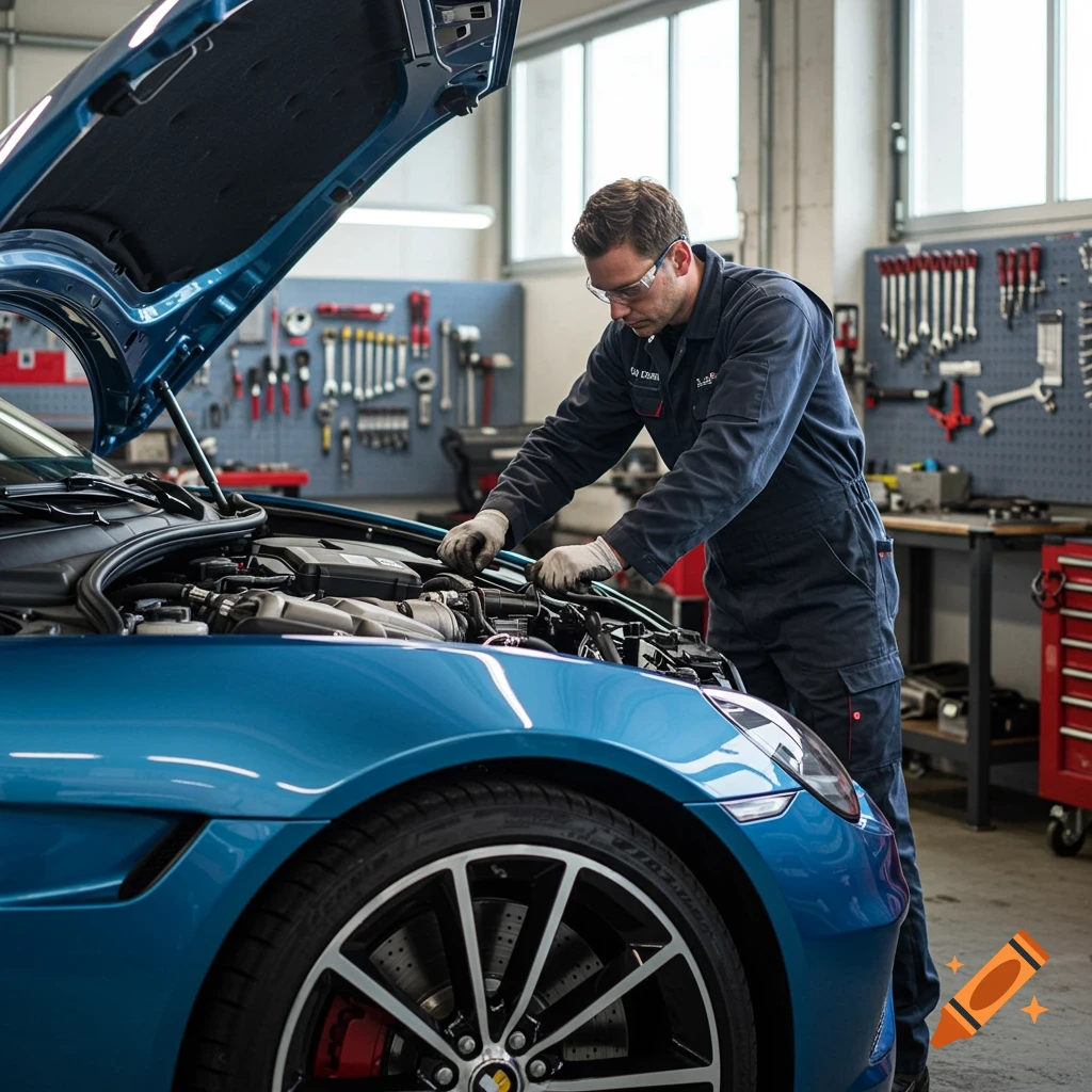 A mechanic in safety glasses and work overalls leans over the open hood of a blue sports car in a clean garage.