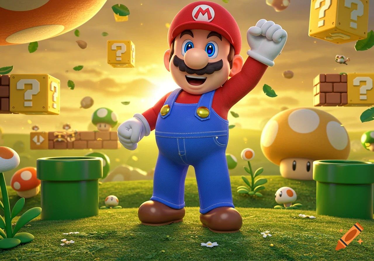 A high-quality 3D render of Mario smiling with his fist raised in a vibrant Super Mario Bros. landscape at sunset.