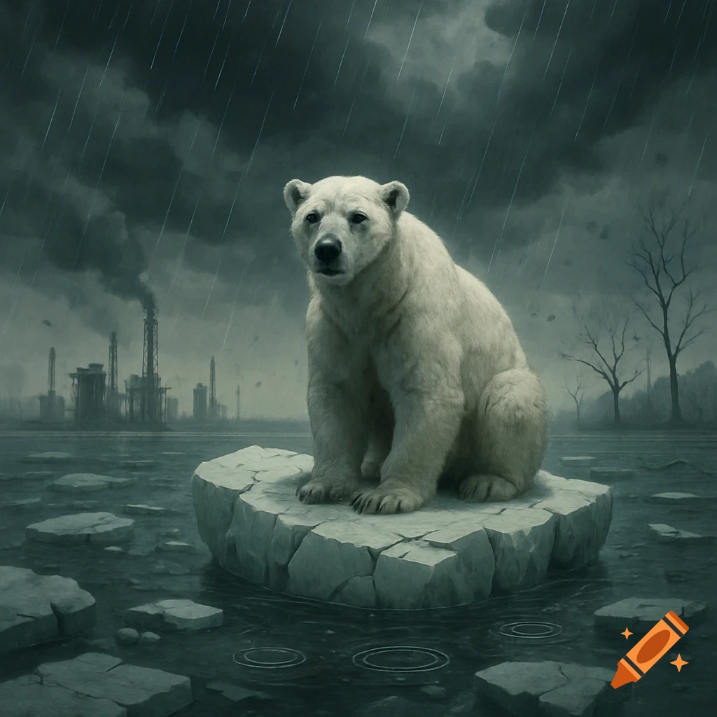 A lone polar bear sits on a melting ice floe in a rainy sea with industrial smokestacks and bare trees in the background, a somber scene.