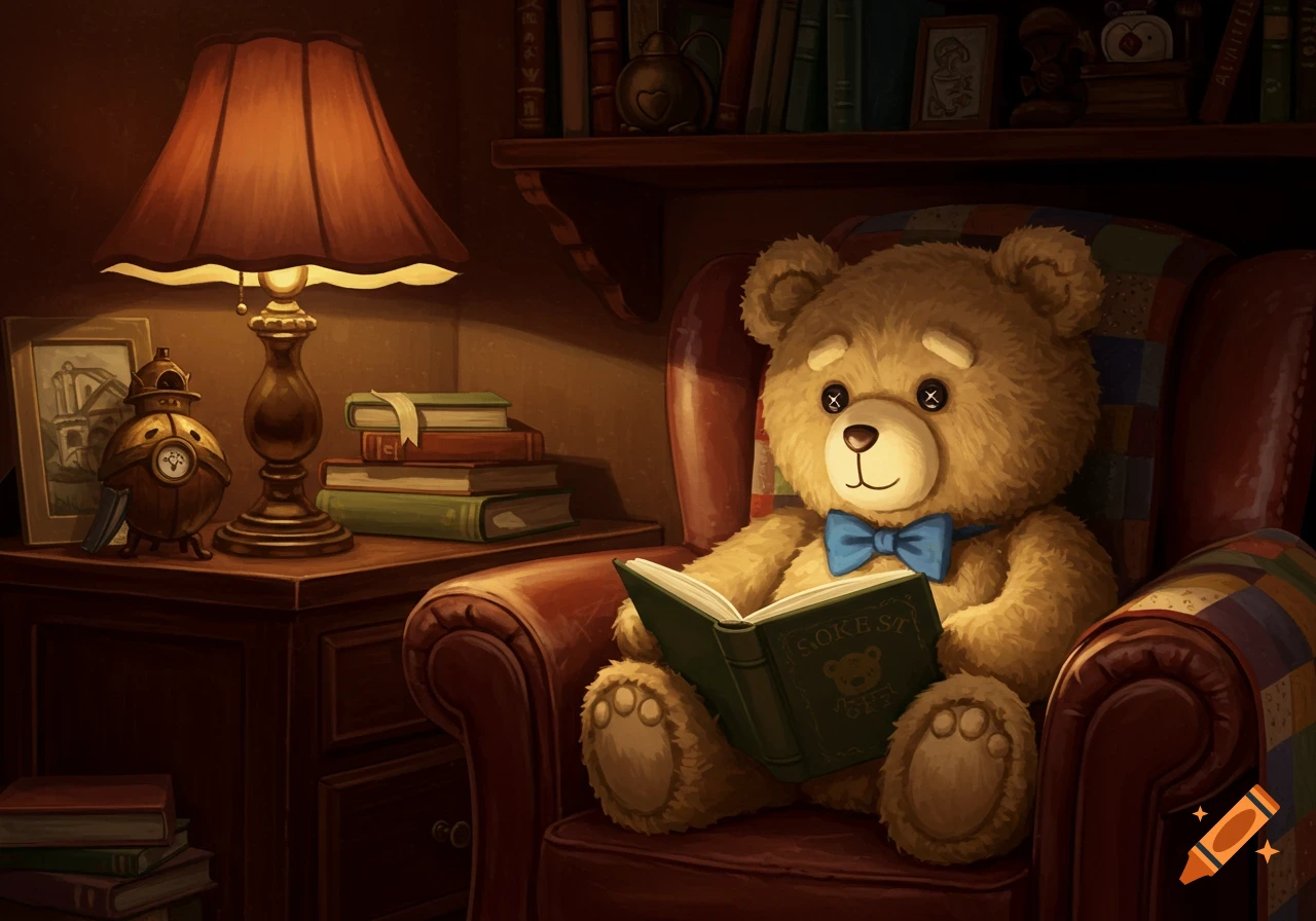 An illustration of a teddy bear with a blue bow tie reading a book in a cozy armchair, bathed in the warm glow of a table lamp.