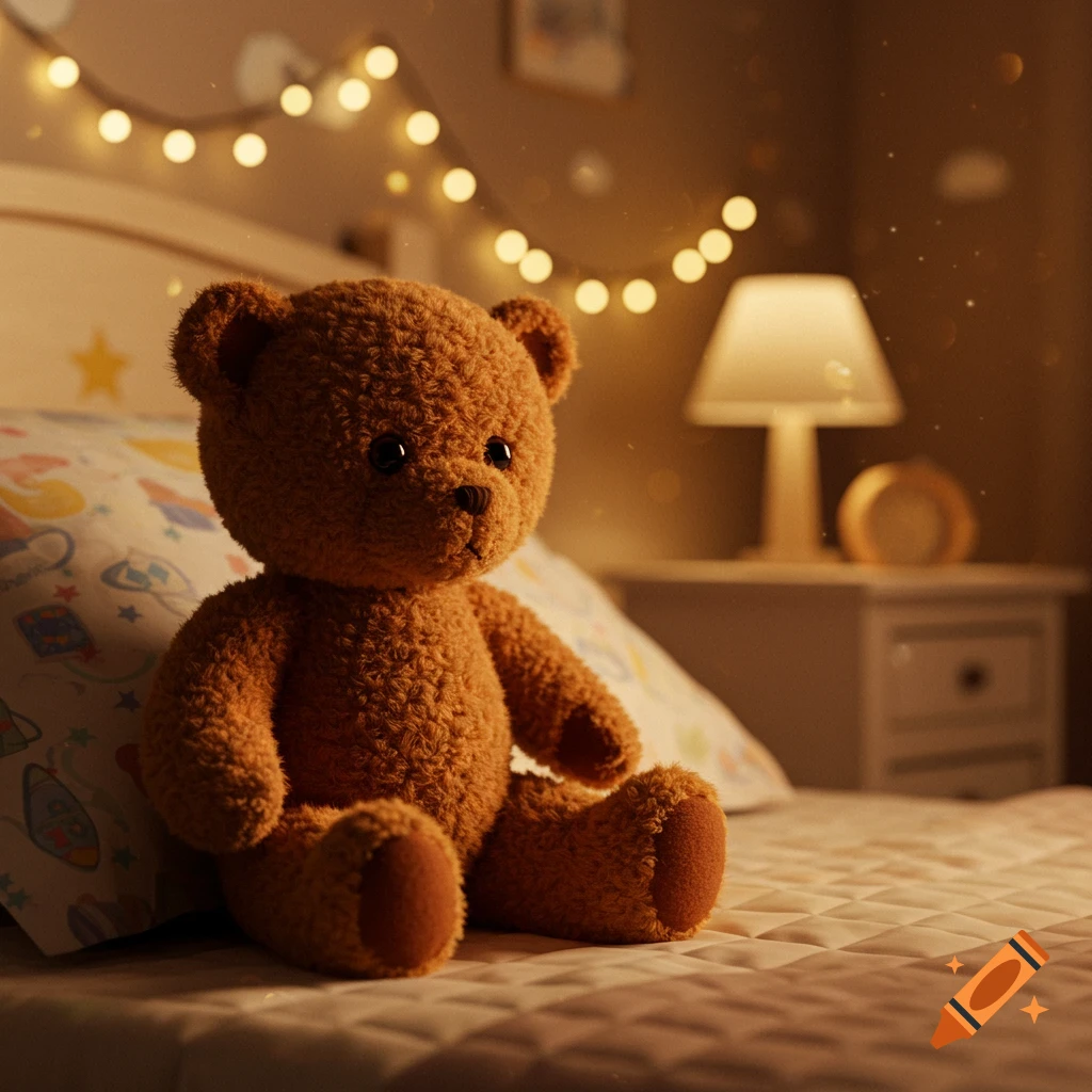 A fuzzy brown teddy bear sits on a bed with a patterned pillow, illuminated by warm string lights and a bedside lamp in a cozy bedroom.