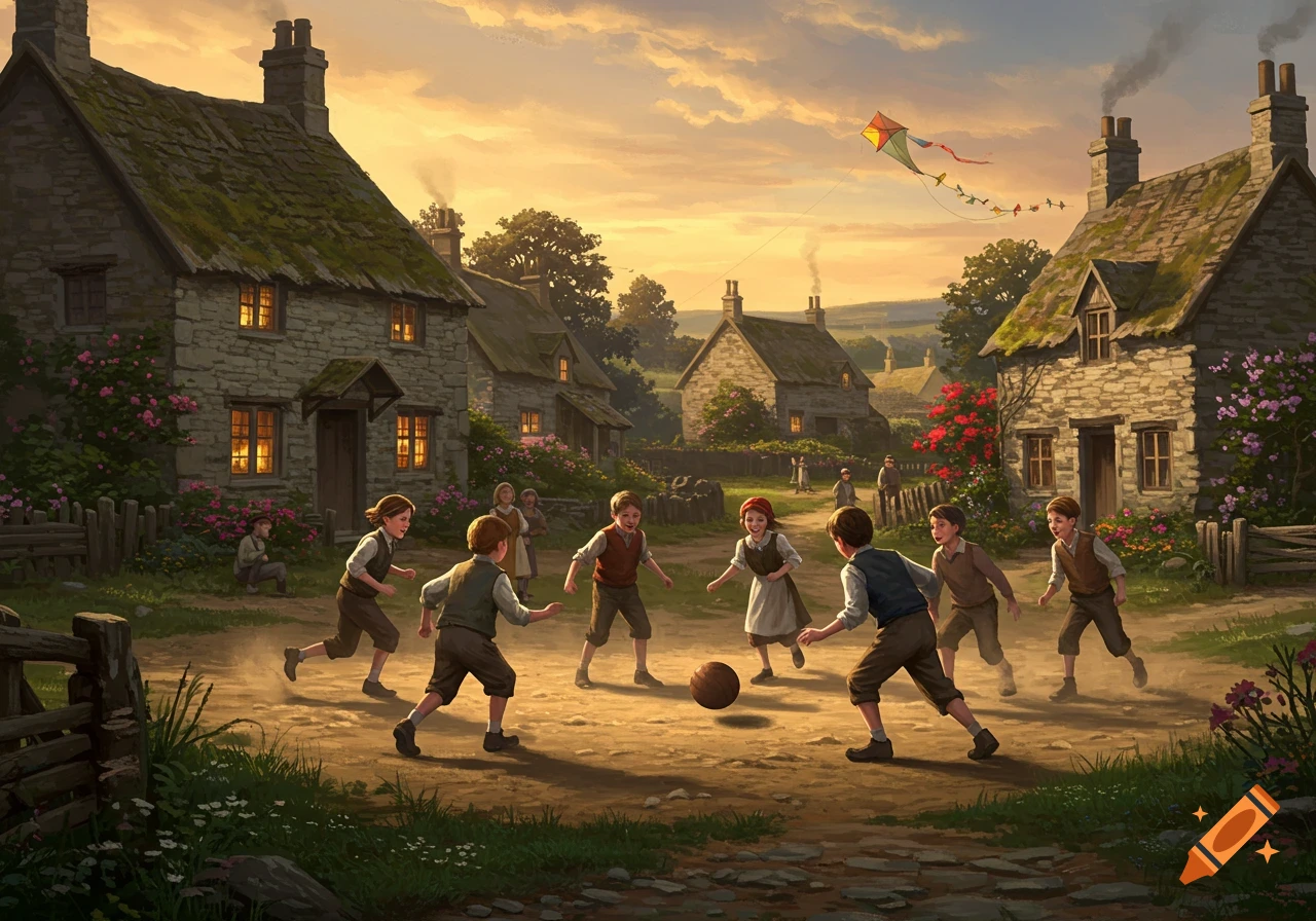 Children play with a ball on a dirt path in an old-fashioned village at sunset, with stone houses and a kite in the sky.