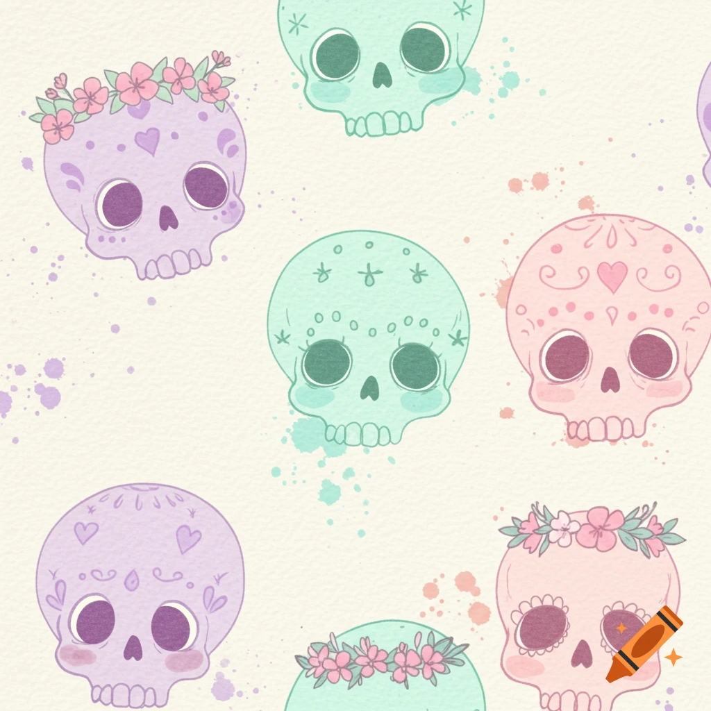 A seamless pattern of cute, pastel purple, pink, and mint green sugar skulls with floral and heart decorations on a textured cream background.