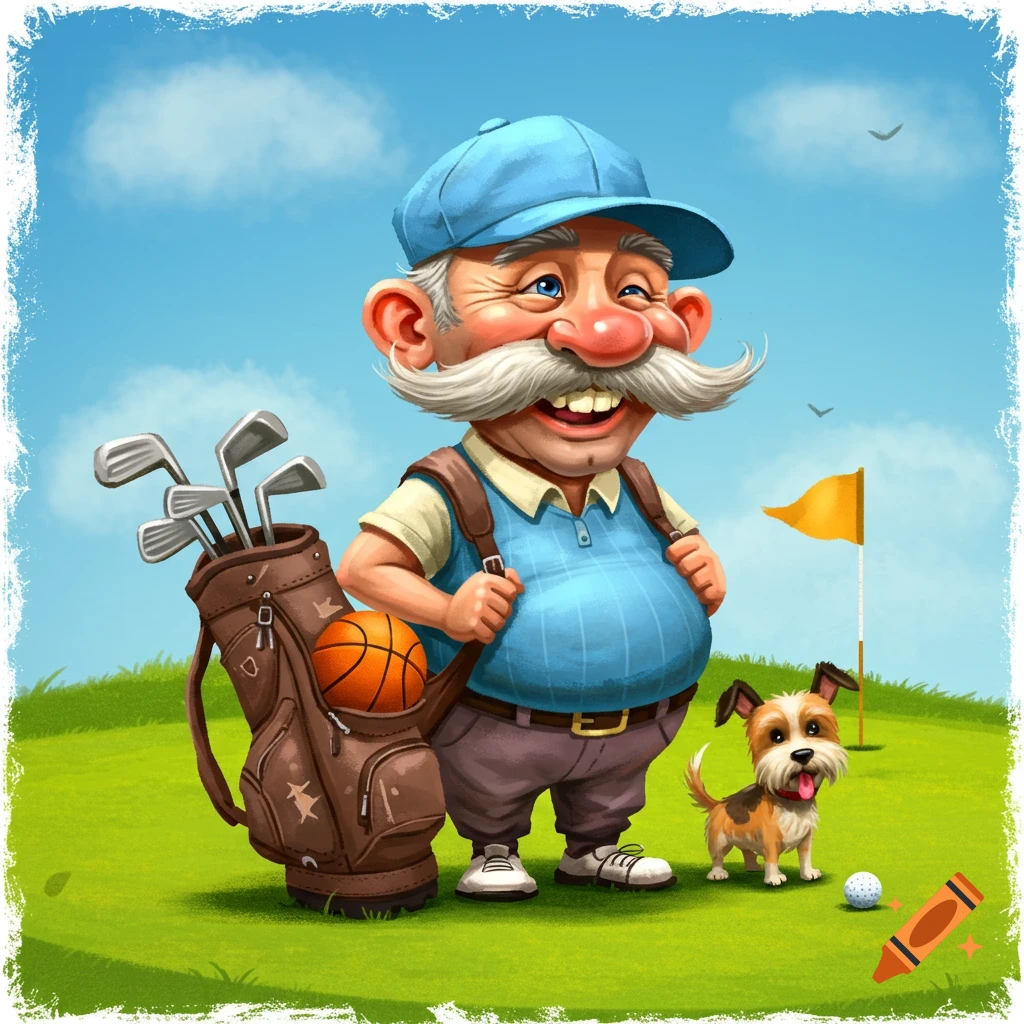 Humorous cartoon illustration of a smiling senior golfer in a blue cap, with a dog and golf bag containing a basketball on a green.