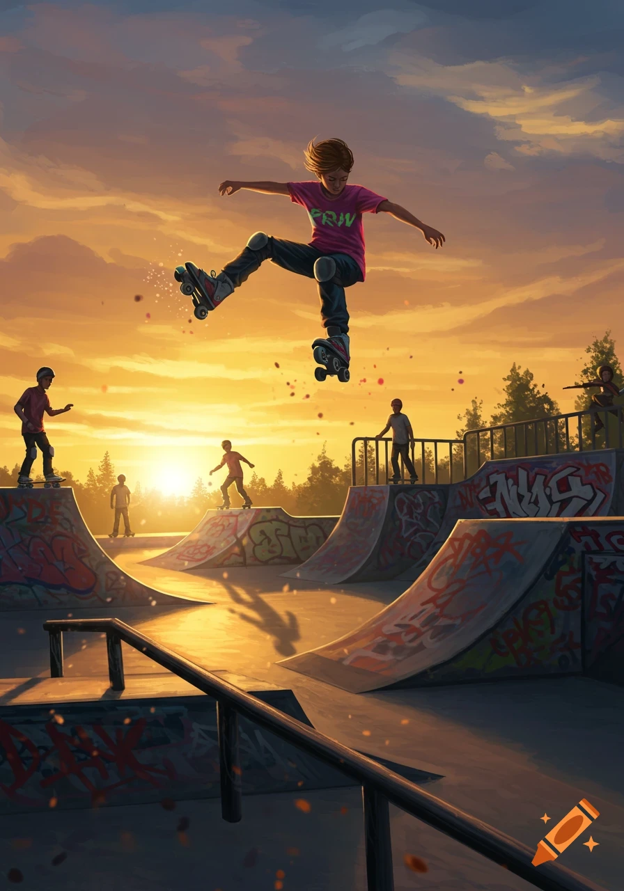 A roller skater jumps high in a skate park at sunset, with other people and graffiti-covered ramps, digital art.