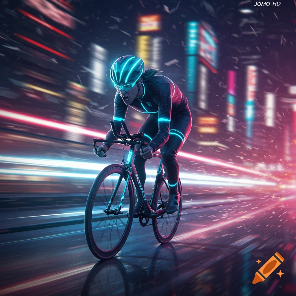 A cyber-futuristic cyclist in a black suit with neon blue lights speeds through a neon-lit city street at night, leaving light trails.