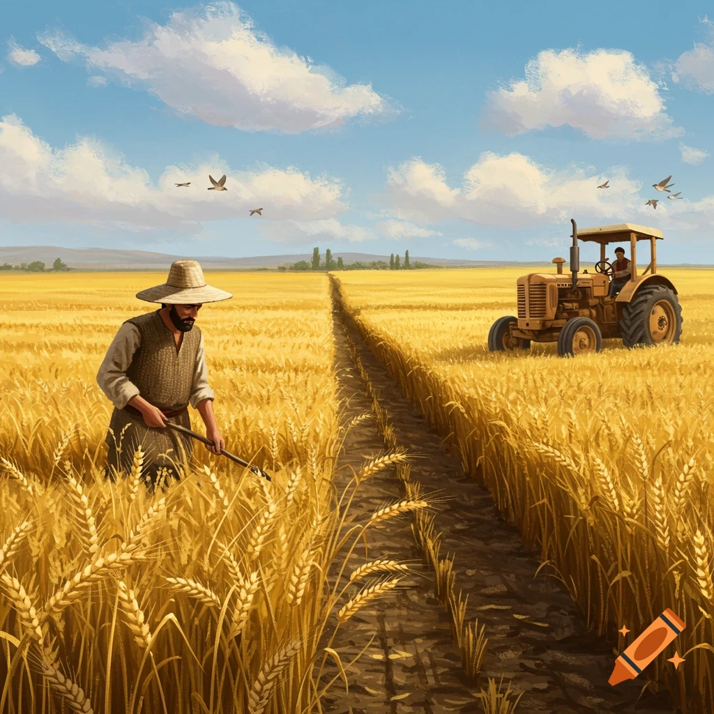 A farmer with a scythe walks through a golden wheat field, while a vintage tractor with a driver drives in the background under a blue sky.