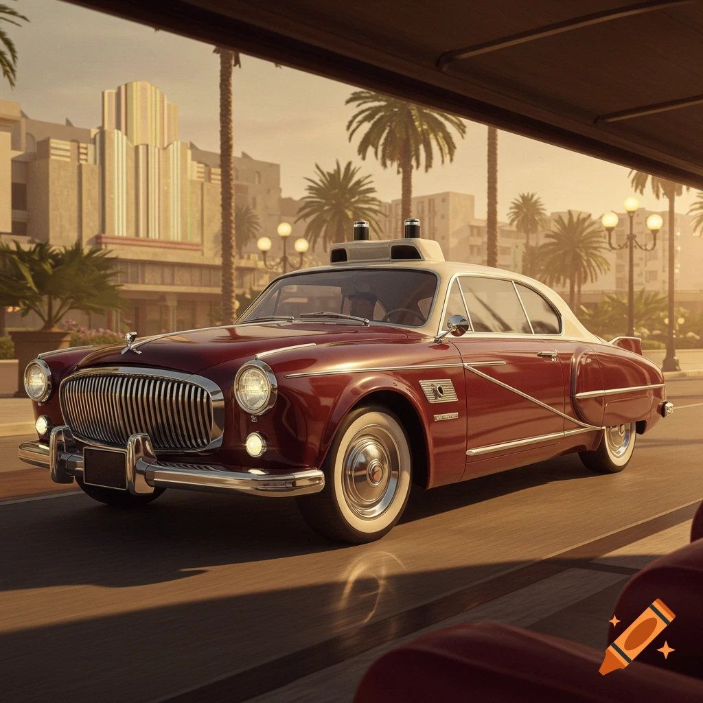 A red and white vintage self-driving car travels down a sunny city street with palm trees and art deco buildings.