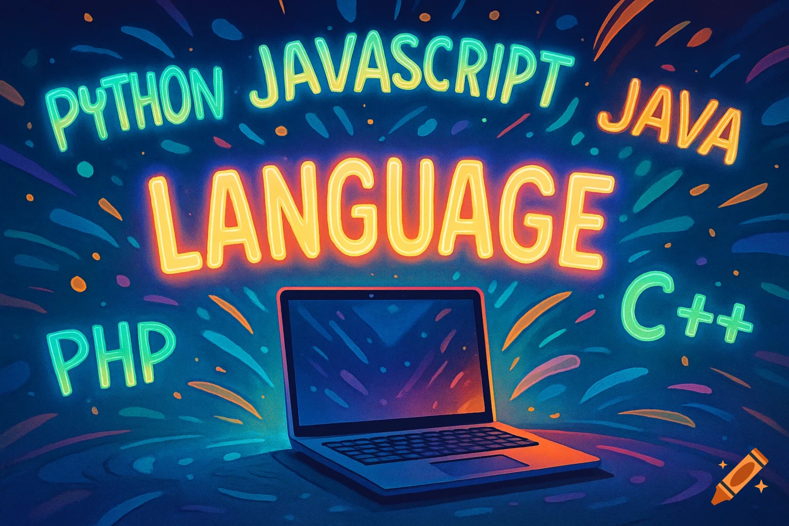 Vibrant digital art of a laptop surrounded by glowing neon text: 'LANGUAGE', 'Python', 'JavaScript', 'Java', 'C++', 'PHP'.