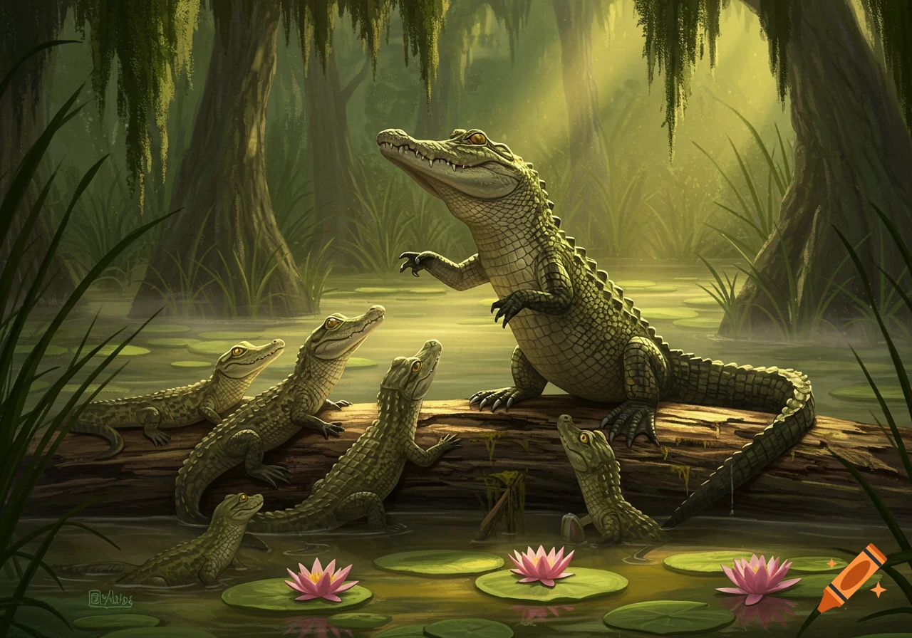 An adult alligator teaches five baby alligators in a lush, green swamp with lily pads and pink water lilies, in an illustrative style.