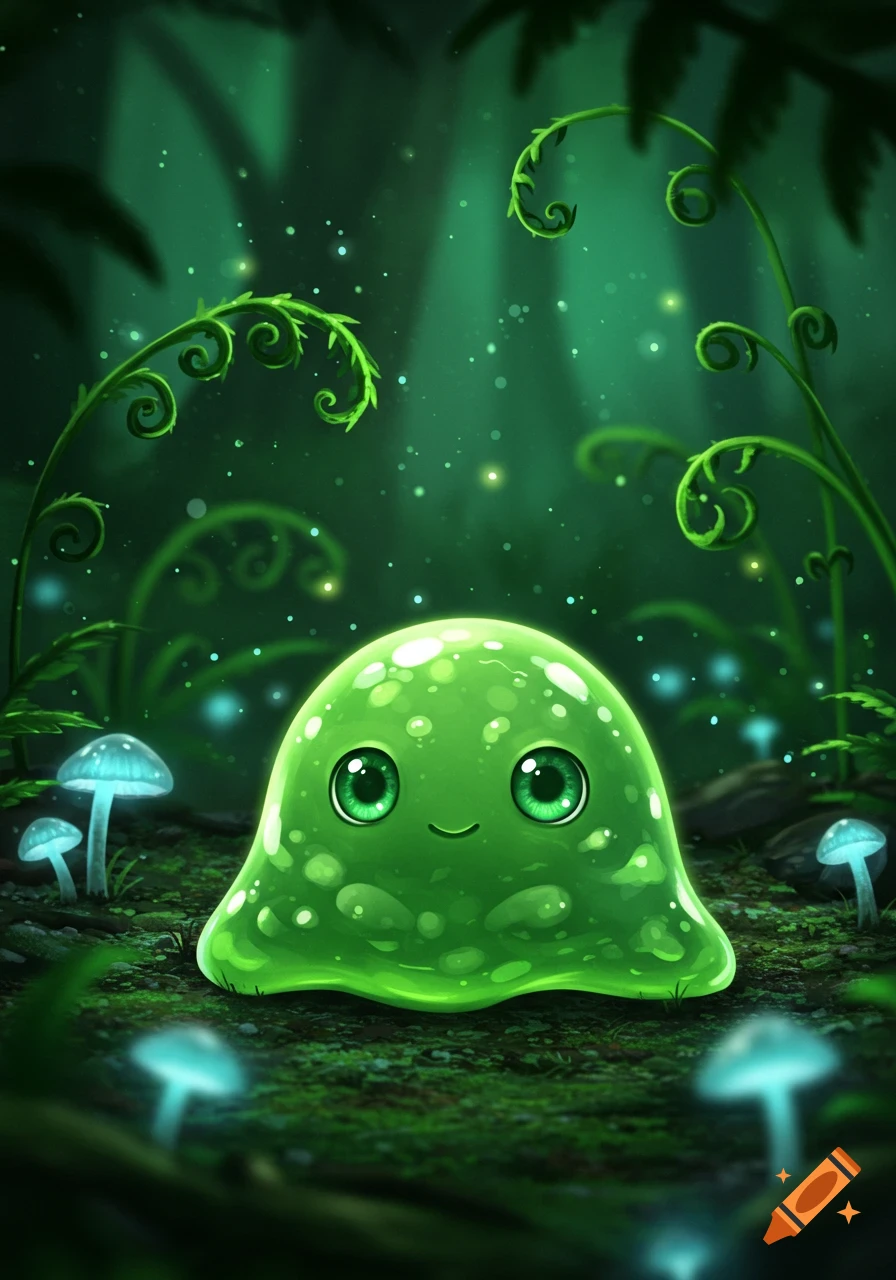 A cute, round green slime monster with big green eyes and a tiny smile sits on a dark forest floor, surrounded by glowing mushrooms and sparkling light in a vibrant, cartoon fantasy illustration.
