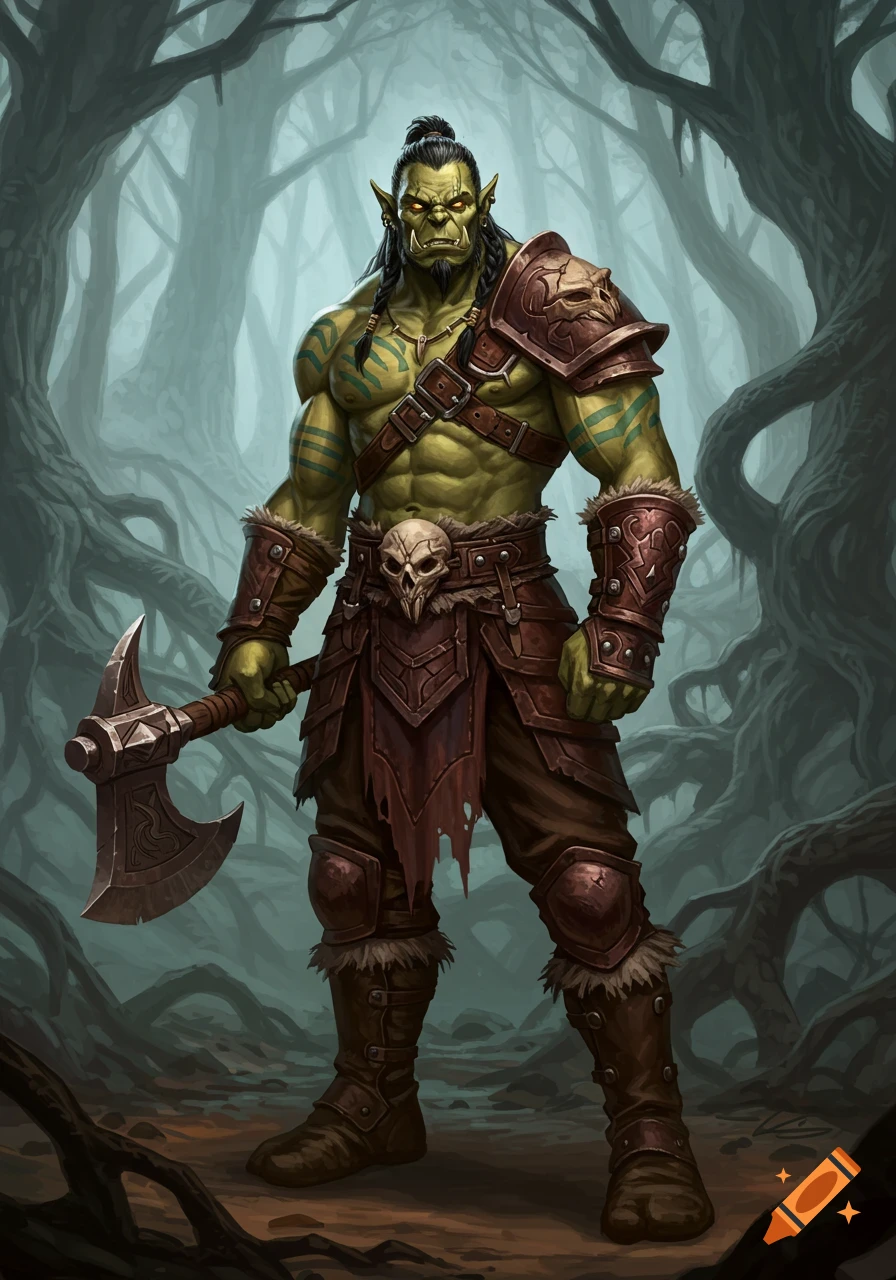 A muscular green orc warrior with tribal tattoos and armor, holding a large axe, stands in a misty forest.