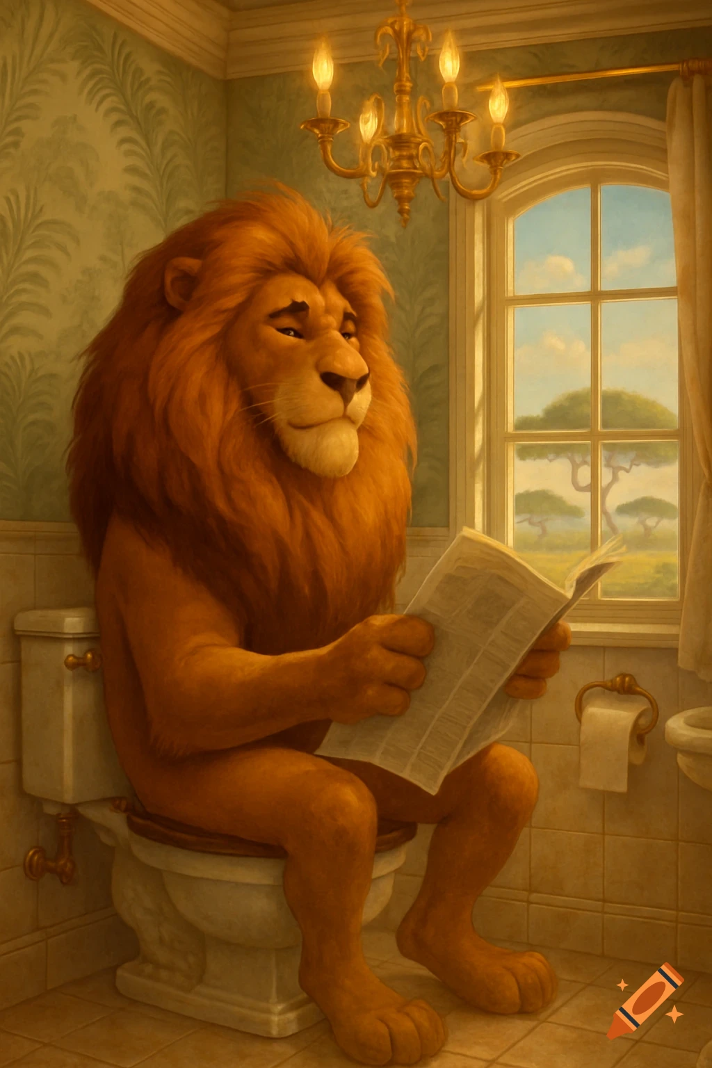 A majestic cartoon lion sits on a toilet, reading a newspaper in a decorated bathroom with a window overlooking trees.