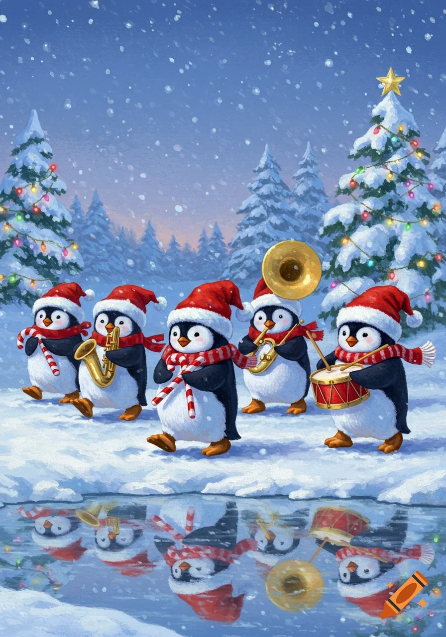 Five cute Christmas penguins in Santa hats and scarves play musical instruments in a snowy landscape with decorated evergreen trees and reflections on ice.
