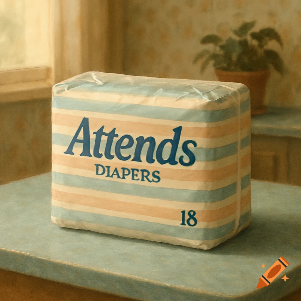 A package of vintage Attends diapers with blue and peach stripes on a light blue tabletop.