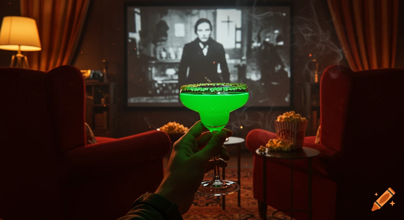 A hand holds a glowing green cocktail with a sugared rim, watching a black and white gothic film in a cozy, dimly lit home cinema with red chairs.