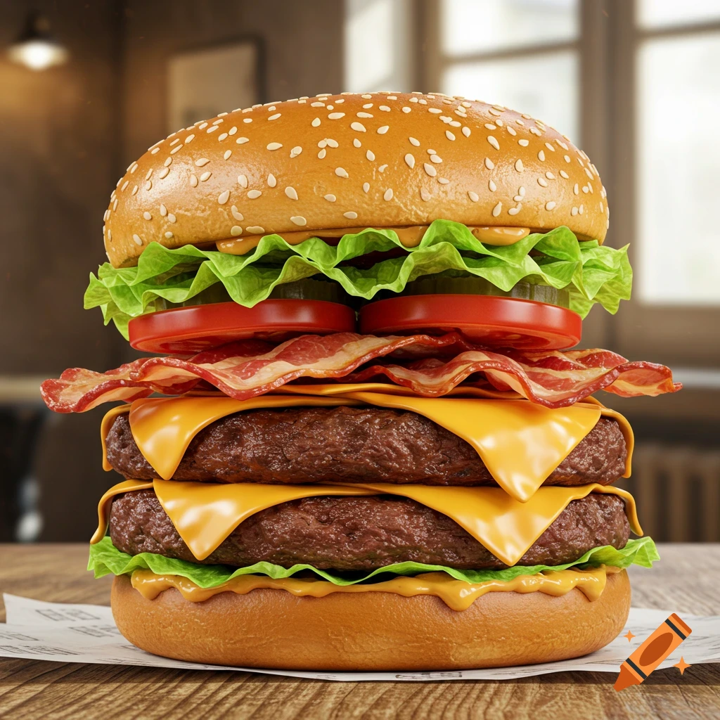 A photorealistic close-up of a tall double cheeseburger with bacon, lettuce, tomato, and pickles on a sesame seed bun.
