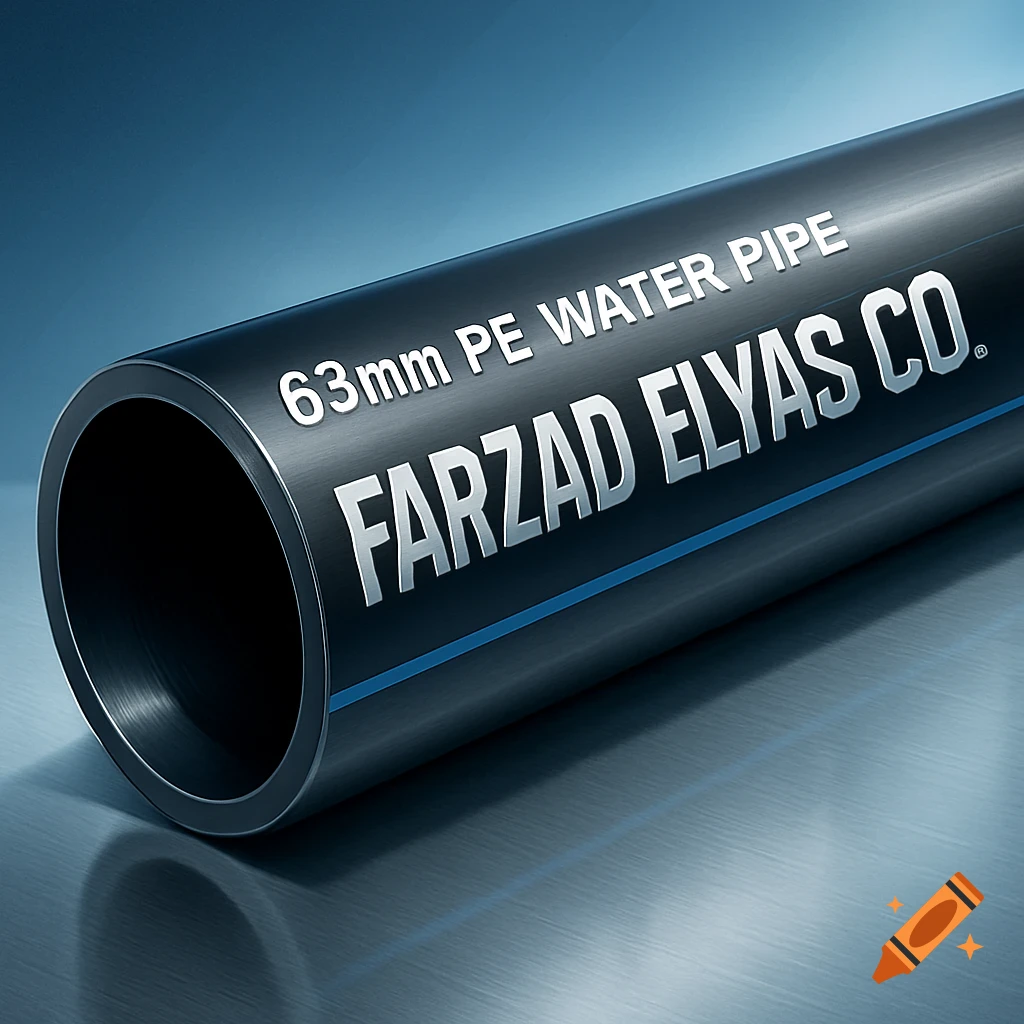A close-up of a black polyethylene water pipe with '63mm PE WATER PIPE' and 'FARZAD ELYAS CO.' branding, set against a metallic blue background.