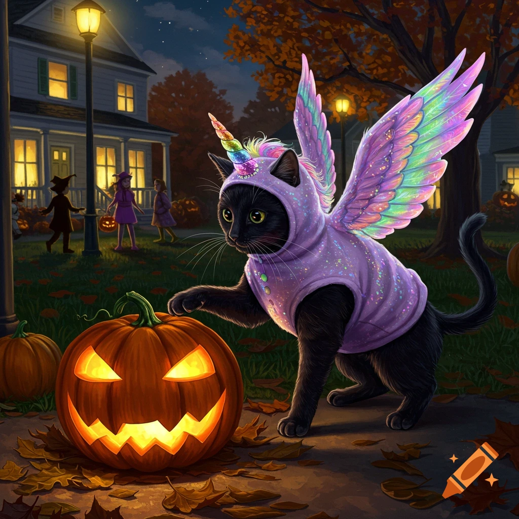 A black cat in a sparkly purple unicorn costume touches a glowing jack-o'-lantern on a sidewalk with trick-or-treaters.
