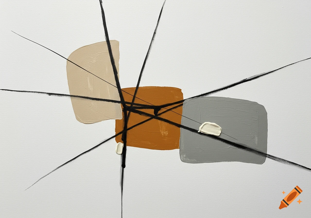 Abstract minimalist painting with beige, orange, and gray textured shapes, crossed by radiating black lines on a white background.