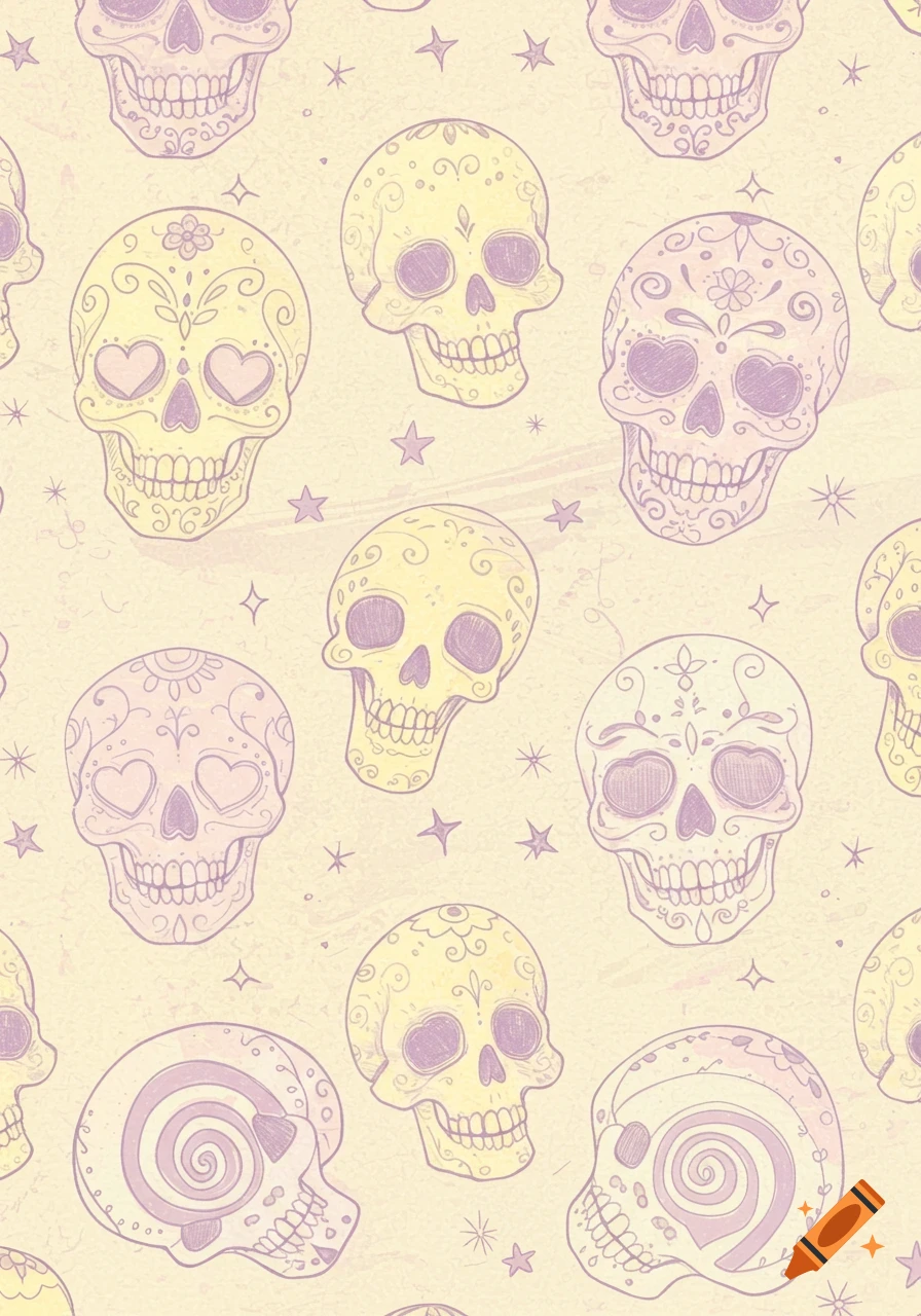 A seamless pastel pattern of cute sugar skull doodles and stars on a textured cream background.