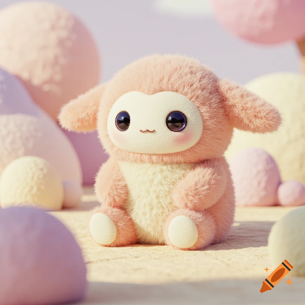 A cute, fluffy pink and cream creature with large black eyes sits among pastel-colored spheres in a digital art style.