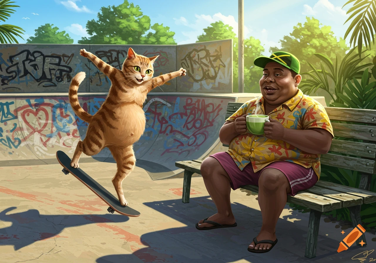A cartoon orange tabby cat balances on a skateboard in a skate park, while a man in a Hawaiian shirt sits on a bench drinking matcha.