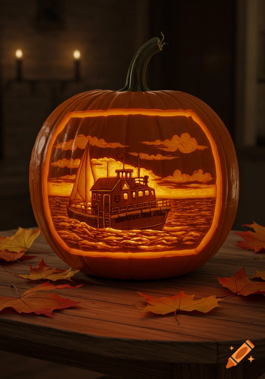 A detailed carved pumpkin depicts a boat on wavy water under a cloudy sky, surrounded by autumn leaves on a wooden table.