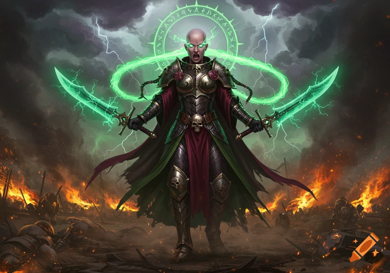 A bald female psyker in ornate armor wields two glowing green swords on a fiery battlefield under a stormy, lightning-filled sky.