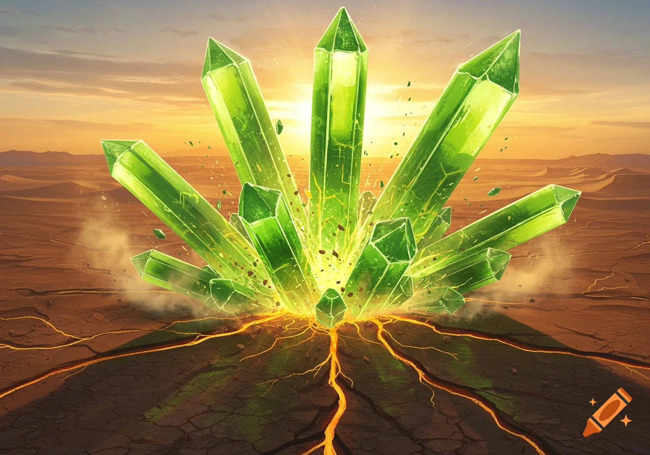 Vibrant green crystals erupting from cracked desert ground with glowing fissures under an orange sky.