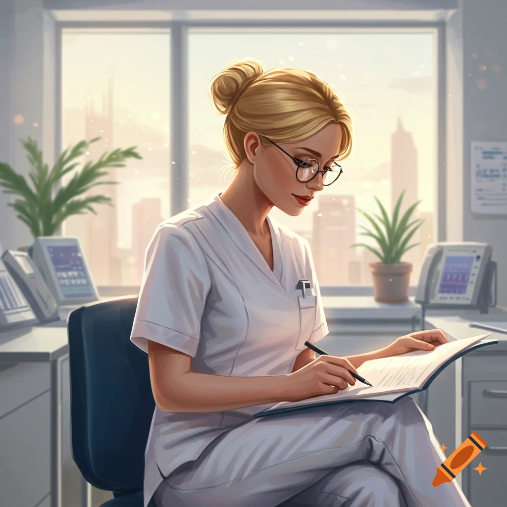 A blonde nurse with glasses and a bun sits at a desk, writing in a book. A city view is visible outside a large window.