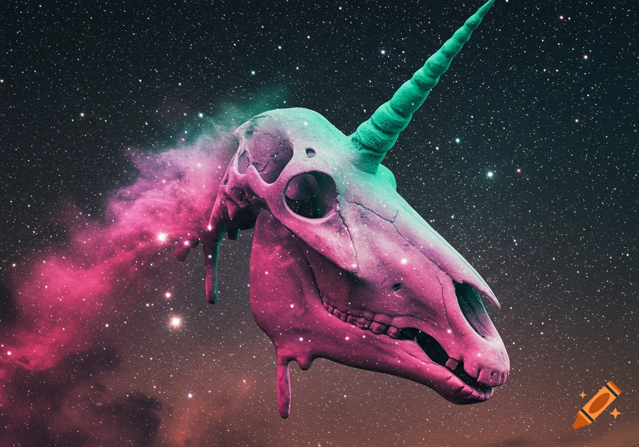 A vibrant pink and teal melted unicorn skull, covered in stars, floats in a cosmic starry nebula.