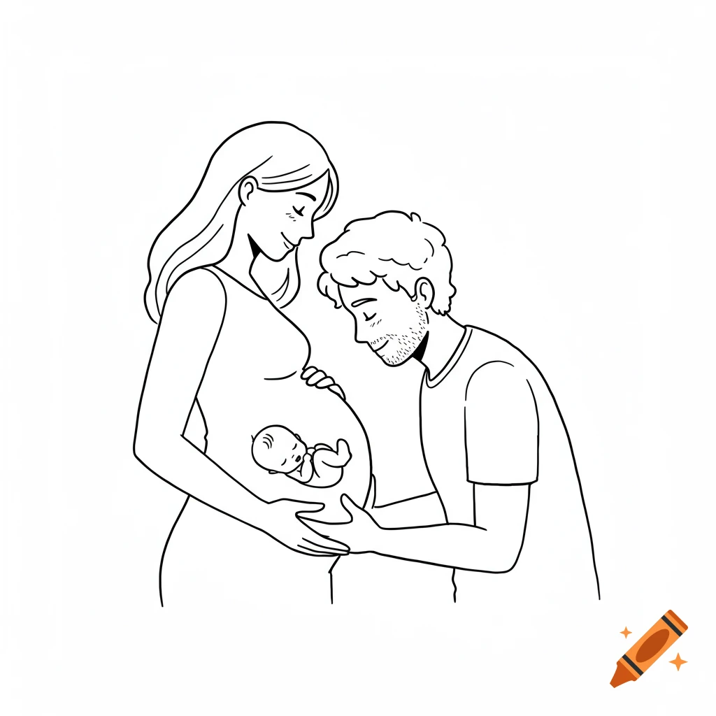 Black-and-white cartoon of a pregnant woman smiling as a man leans toward her belly, a baby visible inside her womb.