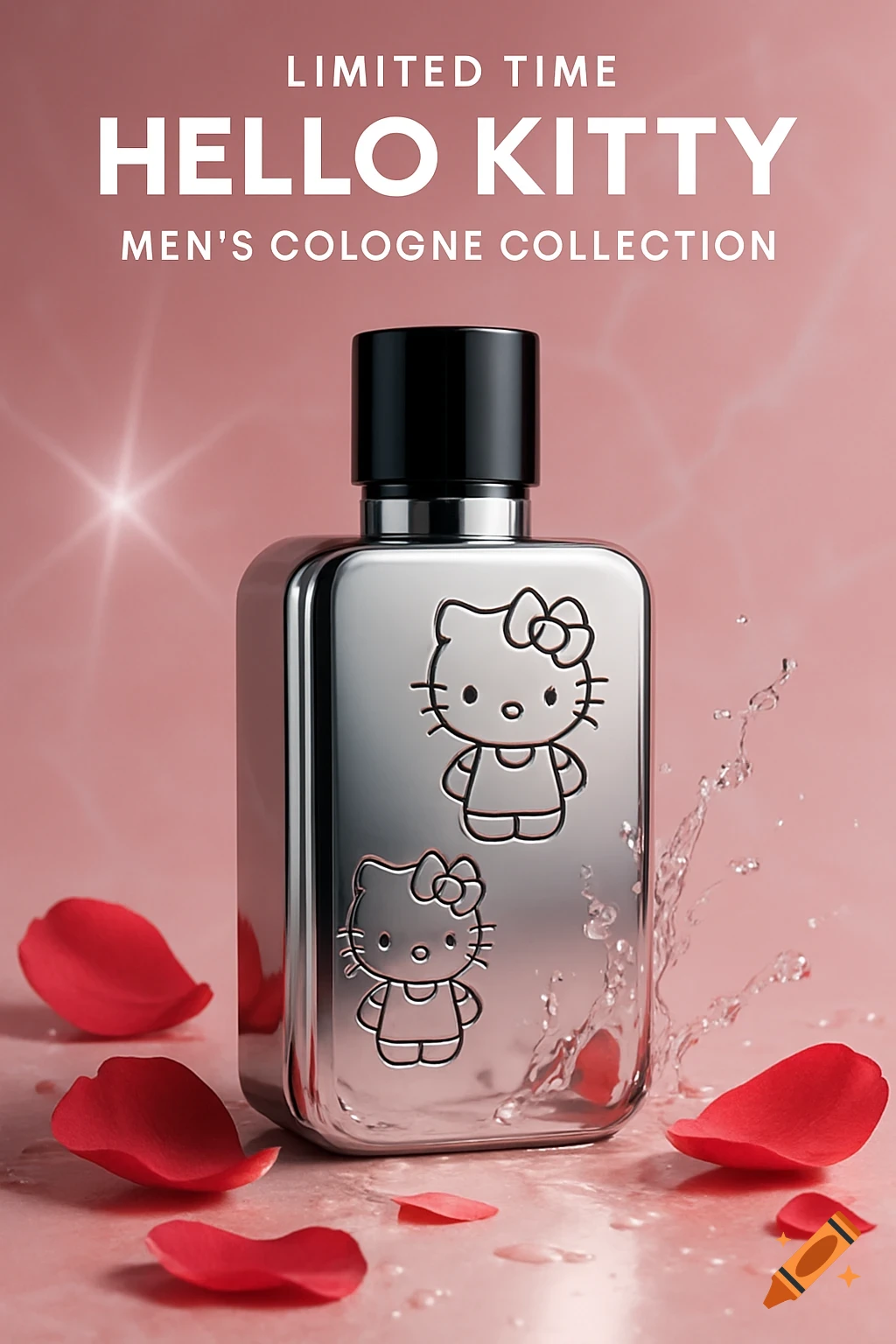 A sleek, silver men's cologne bottle with embossed Hello Kitty characters, surrounded by red rose petals and water splashes on a pink background, with text "Limited Time Hello Kitty Men's Cologne Collection".