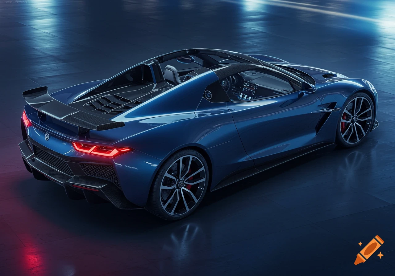 A sleek, dark blue roadster with a carbon fiber spoiler and red brake calipers, viewed from the rear on a reflective surface.