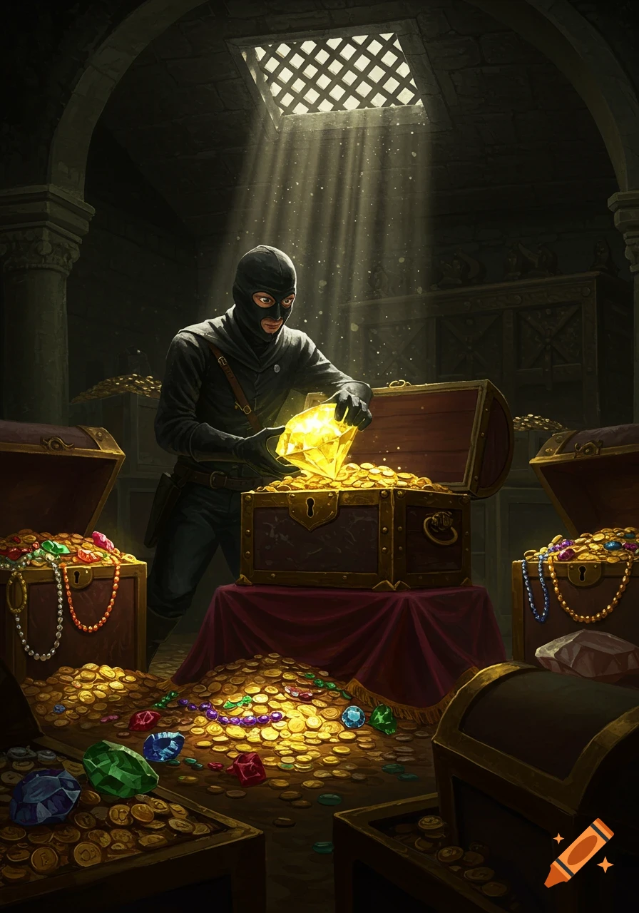 A masked thief in a dark vault filled with treasure chests, holding a large glowing yellow diamond under a shaft of light.