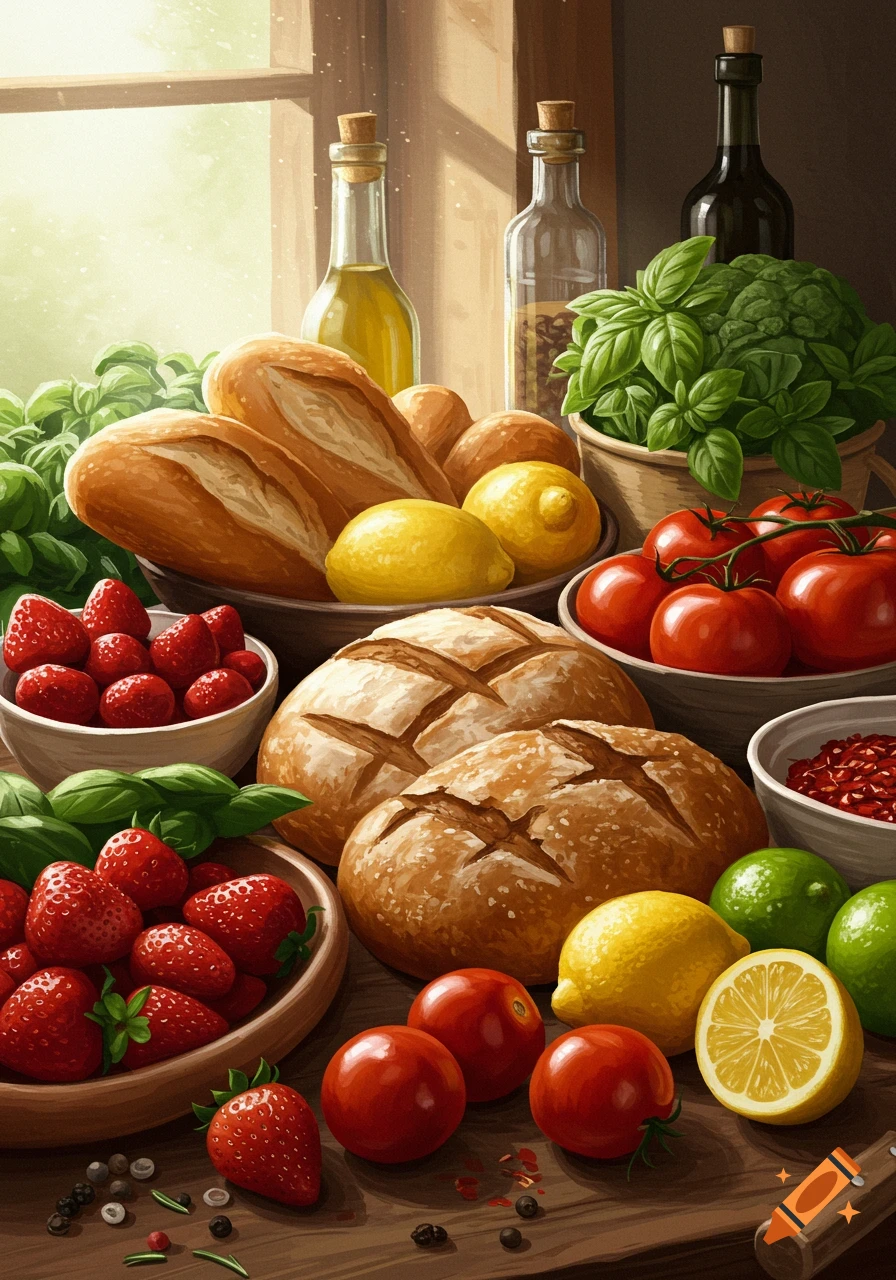 A vibrant still life of fresh produce and bread on a rustic wooden table, with basil, strawberries, tomatoes, lemons, and olive oil.