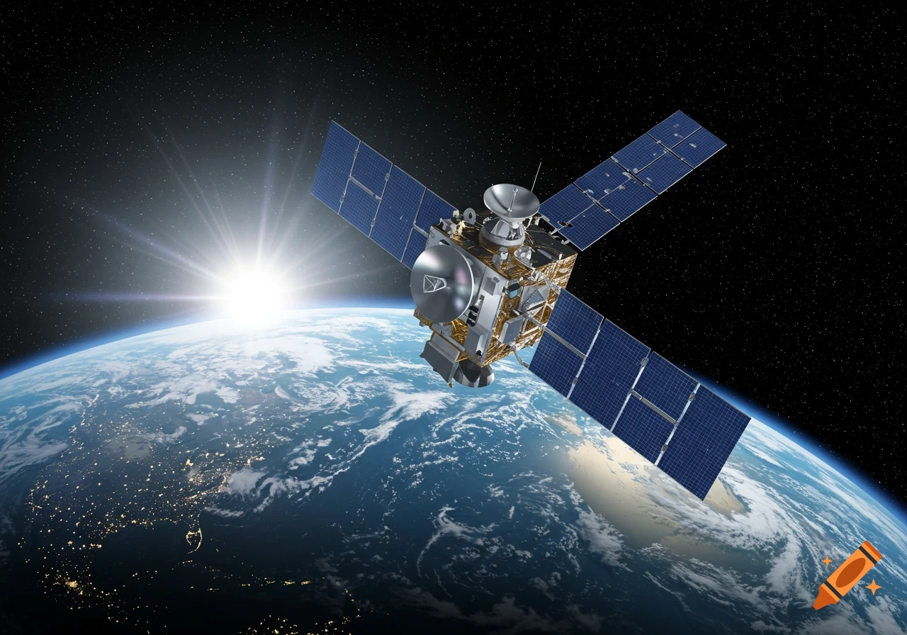 A detailed photorealistic image of a satellite orbiting Earth with visible city lights and a bright sun flare on the horizon.