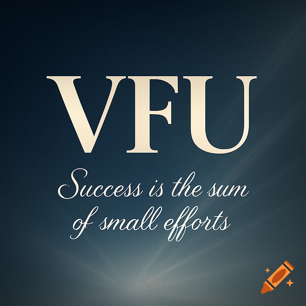 The letters VFU above the quote 'Success is the sum of small efforts' in white text on a dark blue background.
