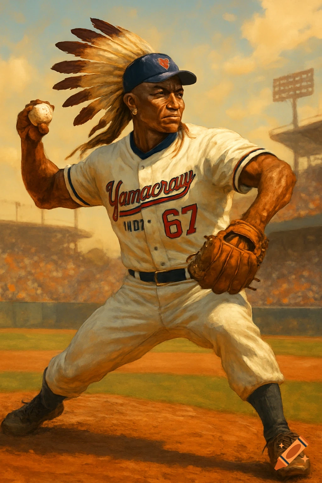 A Native American baseball player in a feathered headdress and uniform pitches on a dirt mound in a painterly style.