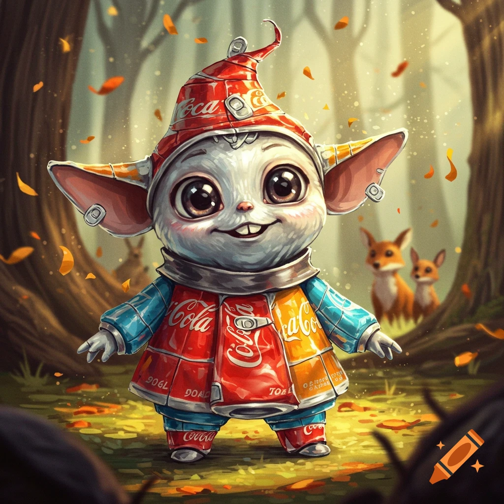 A cute, big-eyed Labubu-like creature wearing clothes made from Coca-Cola cans stands in an autumn forest with small foxes in the background.