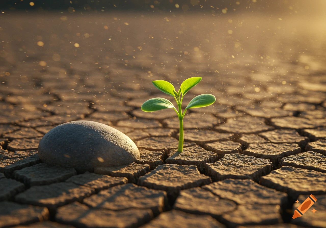 A vibrant green sprout emerges from cracked, dry earth next to a smooth grey rock, illuminated by warm sunlight and dust.