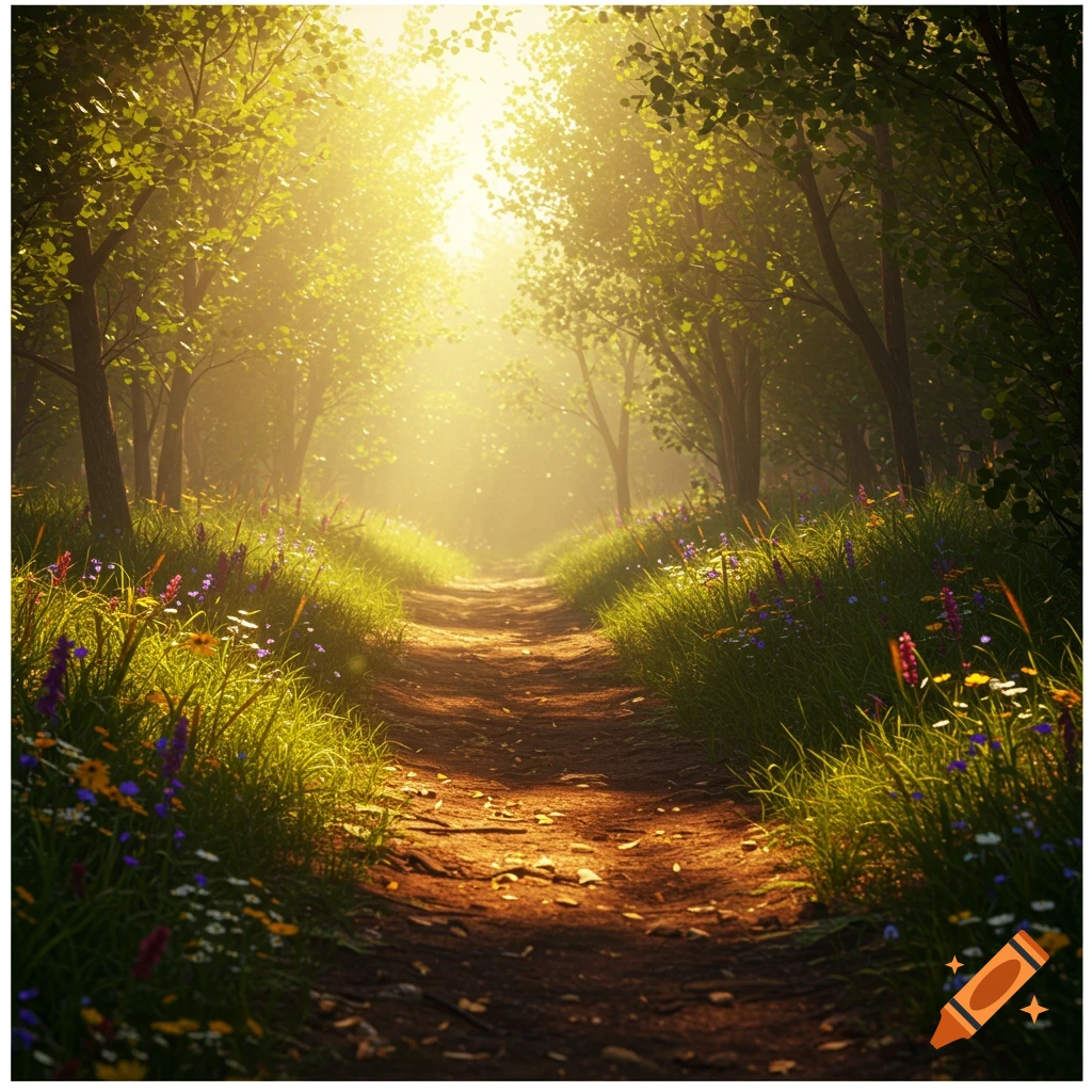 A sunlit forest path winds through lush green grass and colorful ...