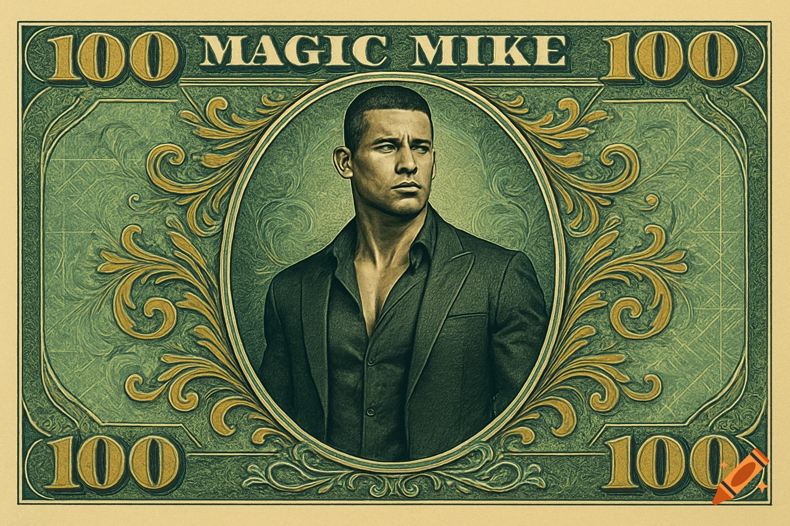 A stylized green dollar bill featuring Channing Tatum as Magic Mike in a central oval, with 'MAGIC MIKE' at the top and '100' in corners.