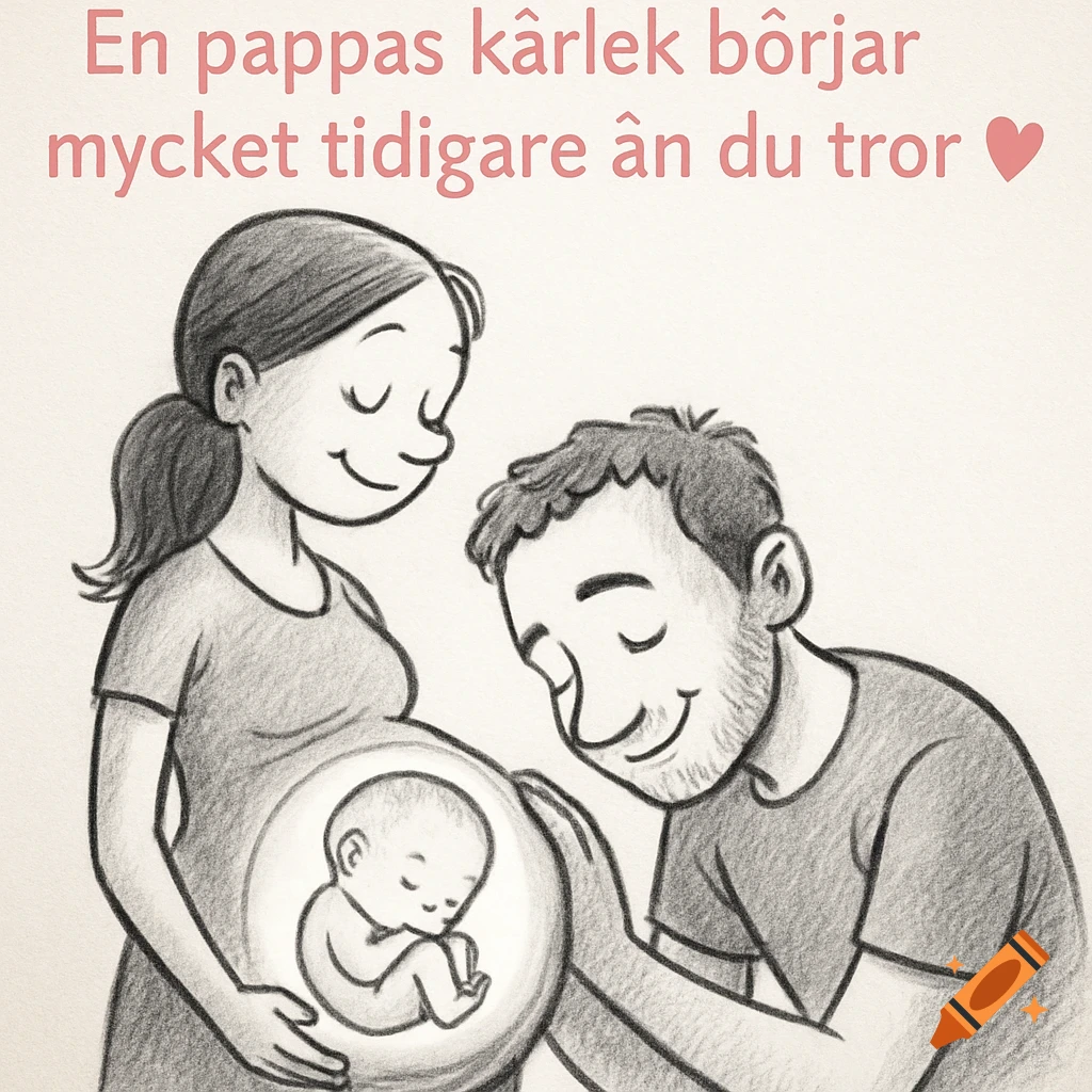 Hand-drawn cartoon of a pregnant woman and a man lovingly looking at her belly with a baby inside. Text: 'En pappas kärlek börjar mycket tidigare än du tror'