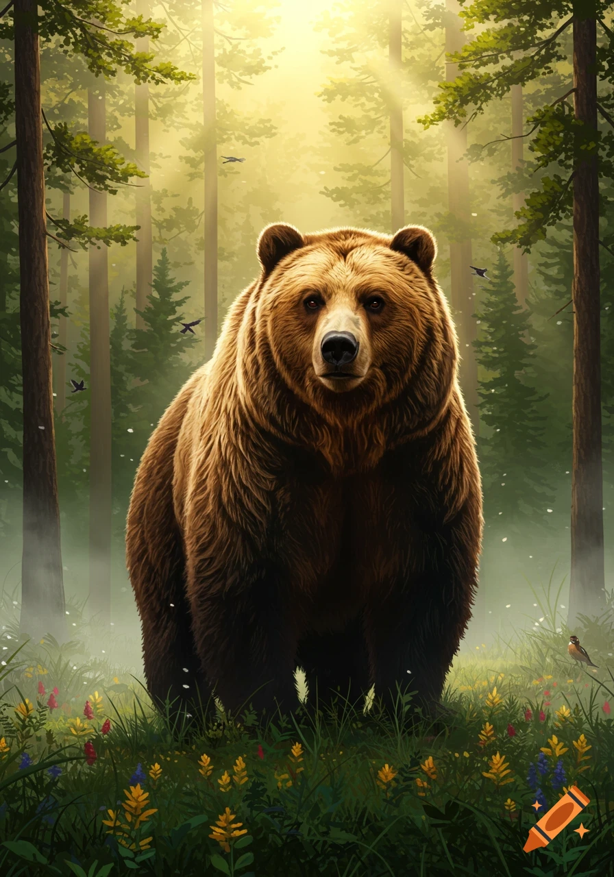 A majestic brown bear stands in a vibrant forest clearing bathed in golden sunlight, surrounded by colorful wildflowers.